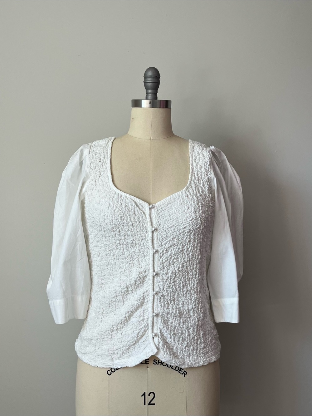Anthropologie White Puff Sleeve Textured Button-Front Top